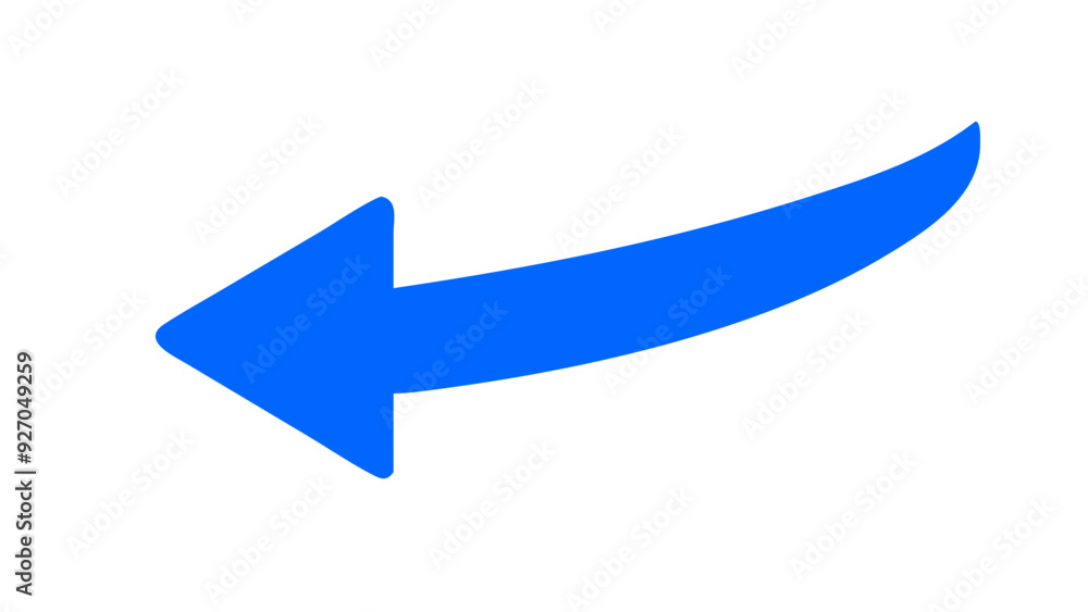 a blue arrow pointing to the left. The arrow has a slightly curved shape, with the tail end being narrower and the head end being wider a blue arrow pointing to the left. The arrow has a slightly curved shape, with the tail end being narrower and the head end being wider