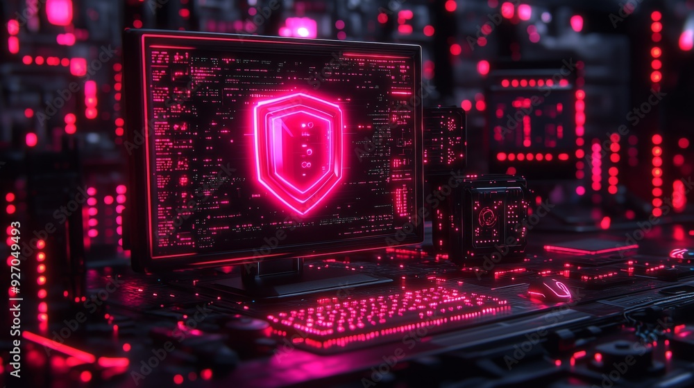 Fototapeta premium A computer displays a holographic shield surrounded by vibrant red lights