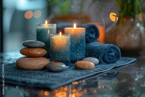 A blue towel with candles and rocks on it