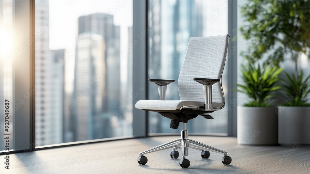 Sleek ergonomic office chair in sunlit corner office with city views. Sleek ergonomic office chair in sunlit corner office with city views.