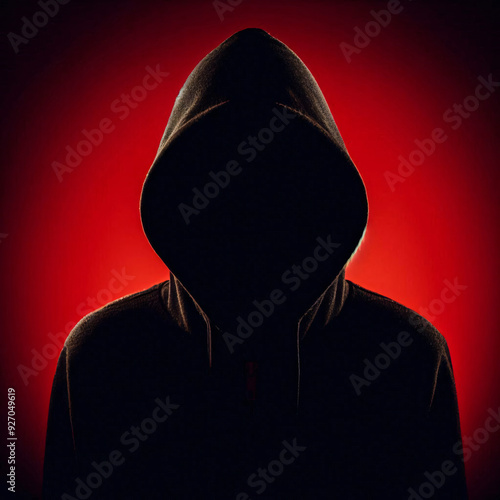 Silhouette af man without face in hood on a red background Anonymous crime concept 