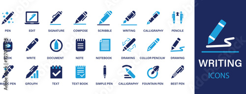 Writing best soild icon set. Containing pen, write, pencil, note, edit, writer, document, nib, text, author, book, calligraphy, document, handwriting and solid.