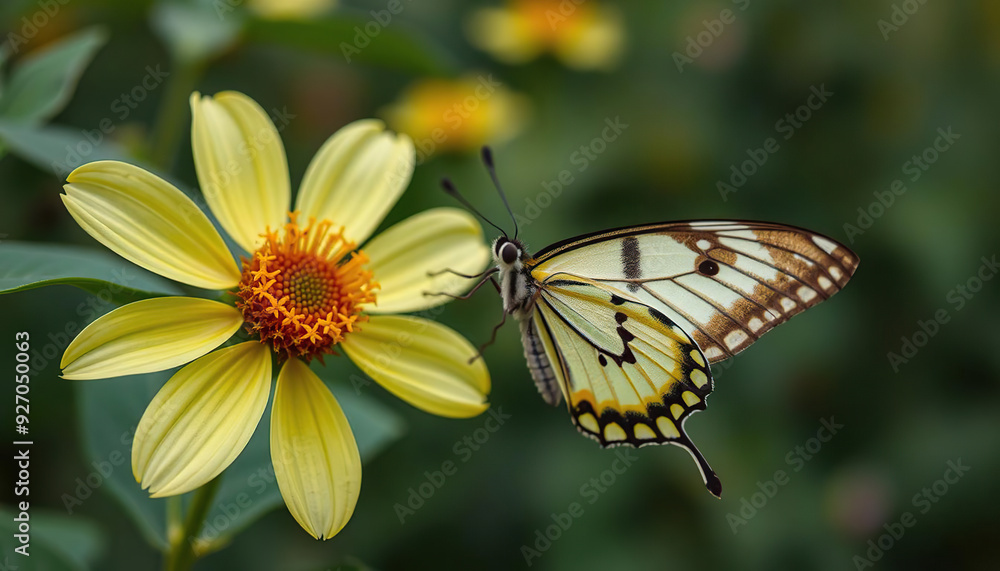Fototapeta premium A butterfly is sitting on a yellow flower