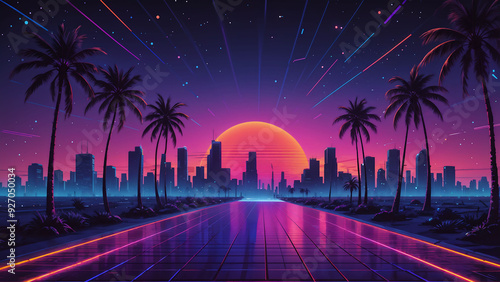 sunrise over the city 80s, 90s, futuristic, transparent cyber grid, purple, orange
