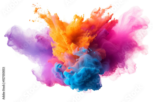 Dynamic burst of colorful powder in mid-air Isolated on white background photo