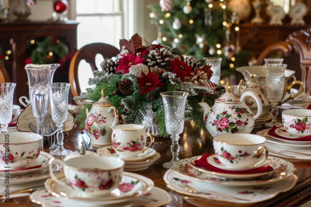 Elegant Christmas Tea Party Setting with Holiday-Themed China and Festive Centerpiece Elegant Christmas Tea Party Setting with Holiday-Themed China and Festive Centerpiece