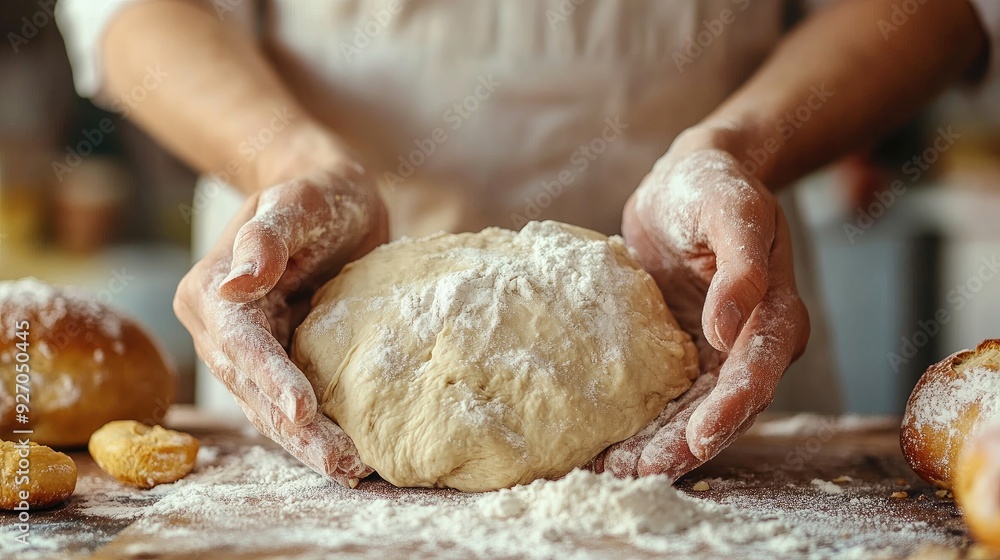 Baker kneading dough for fresh bread in a rustic kitchen Baker kneading dough for fresh bread in a rustic kitchen