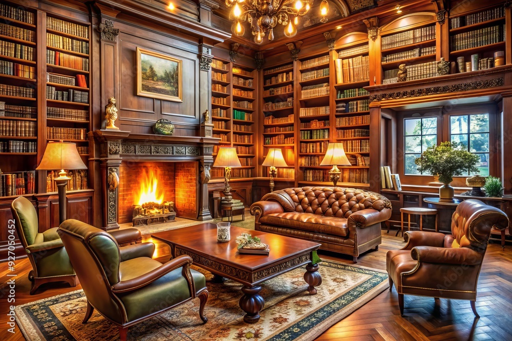 Classic Royal Library Feel Warm Fireplace Crackles Plush Leather Armchairs Rich Wooden Paneling Classic Bookshelves Vintage Decorated Classic Cozy Intellectual Ambiance Classic Royal Library Feel Warm Fireplace Crackles Plush Leather Armchairs Rich Wooden Paneling Classic Bookshelves Vintage Decorated Classic Cozy Intellectual Ambiance