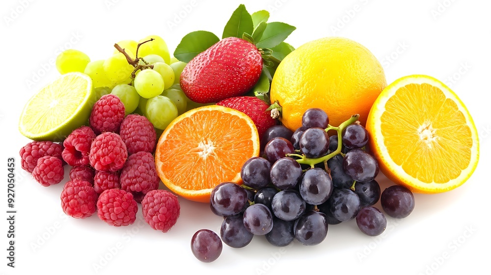 Fresh fruit assortment with raspberries, grapes, oranges, strawberries, and lime. Fresh fruit assortment with raspberries, grapes, oranges, strawberries, and lime.
