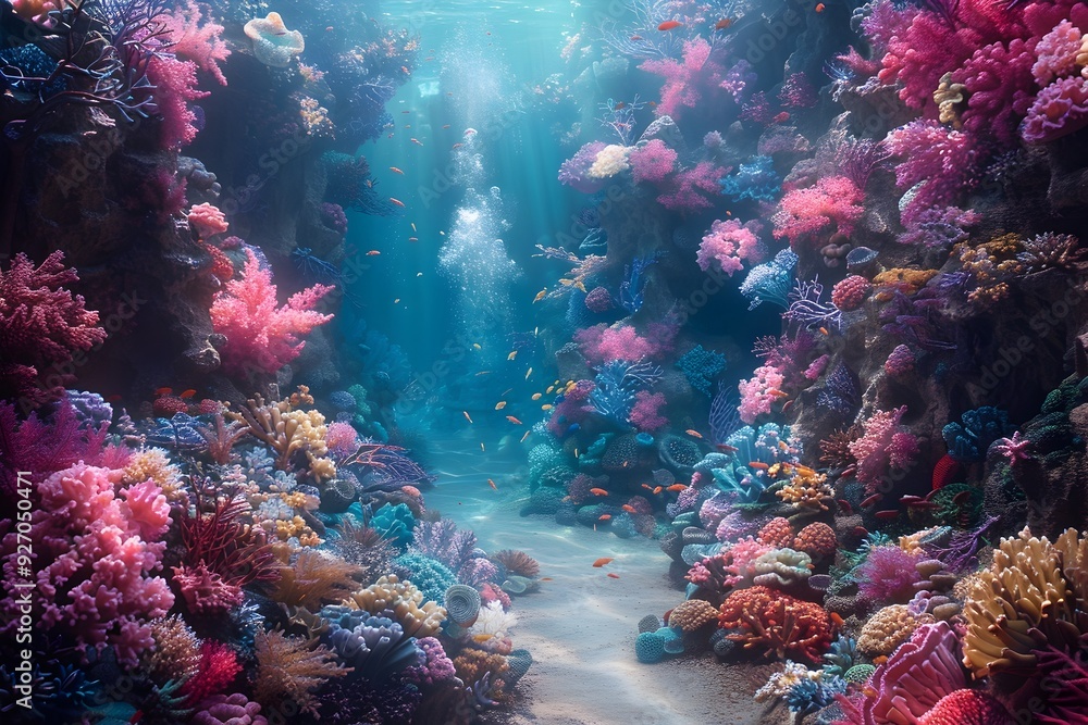Fototapeta premium Enchanting Underwater Mermaid Kingdom with Vibrant Coral and Marine Life Fantasy