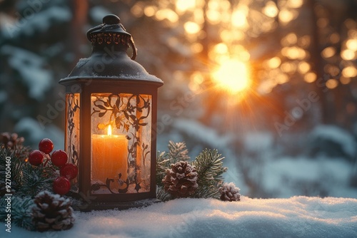 Vintage lantern illuminating snowy landscape at sunset during winter photo