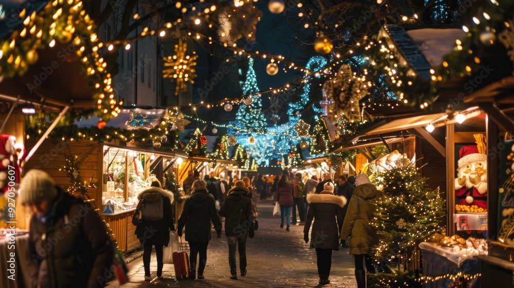 Festive Night at a Bustling Christmas Market with Lights and Seasonal Decorations Festive Night at a Bustling Christmas Market with Lights and Seasonal Decorations