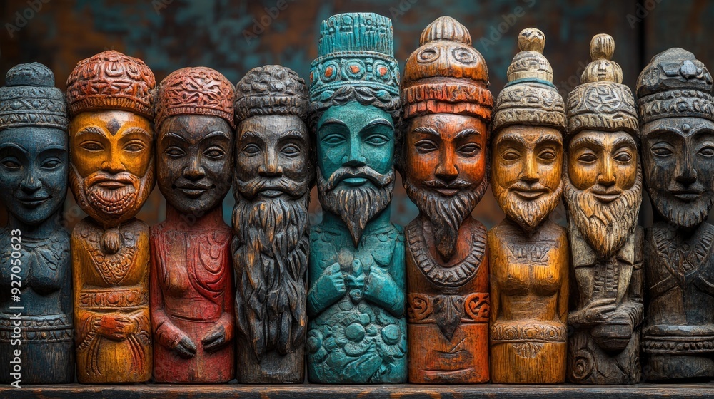 Row of traditional balinese wooden statues carved for selling to tourists Row of traditional balinese wooden statues carved for selling to tourists