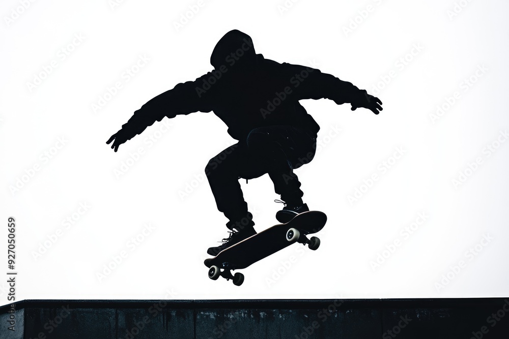 Silhouette of a skateboarder performing a jump at skate park Silhouette of a skateboarder performing a jump at skate park