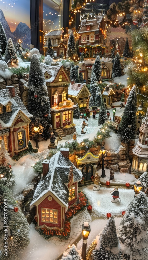 Fototapeta premium Charming Christmas Village Display with Miniature Houses and Festive Lights for Holiday Decorations