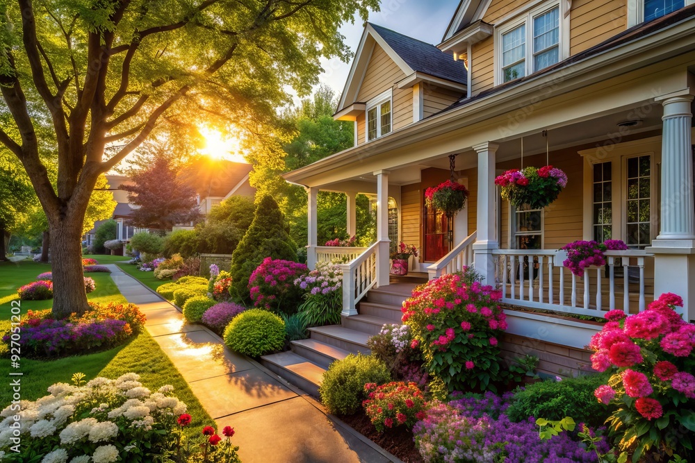 cozy intimate suburban morning with warm morning light amidst blooming gardens and inviting porches cozy intimate suburban morning with warm morning light amidst blooming gardens and inviting porches