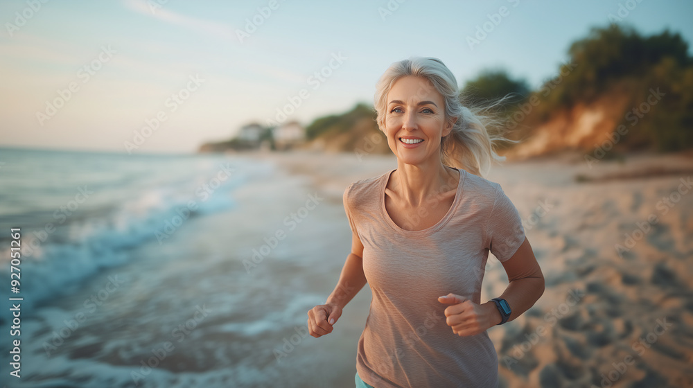 Happy middle-aged woman jogging on the beach, Candid shot. Happy middle-aged woman jogging on the beach, Candid shot.