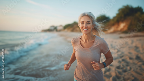 Happy middle-aged woman jogging on the beach, Candid shot.