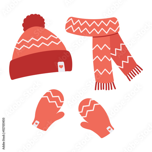 Winter set accessories in red color. Hat, scarf, and mittens with scandinavian pattern. Cartoon flat vector illustration