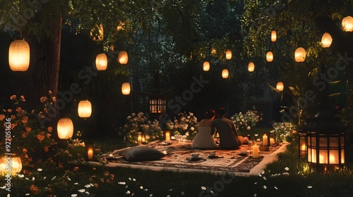 32. A romantic evening in a charming garden with a couple lounging on a beautifully set picnic blanket surrounded by glowing lanterns