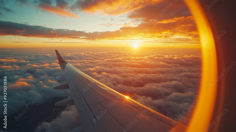 Airplane window at sunset. Airplane window at sunset.