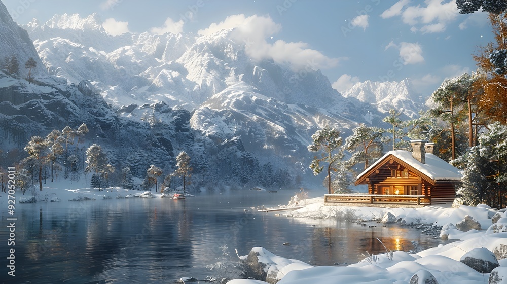 Fototapeta premium Cozy Rustic Cabin Nestled in Snowy Mountain Landscape for Peaceful Winter Retreat
