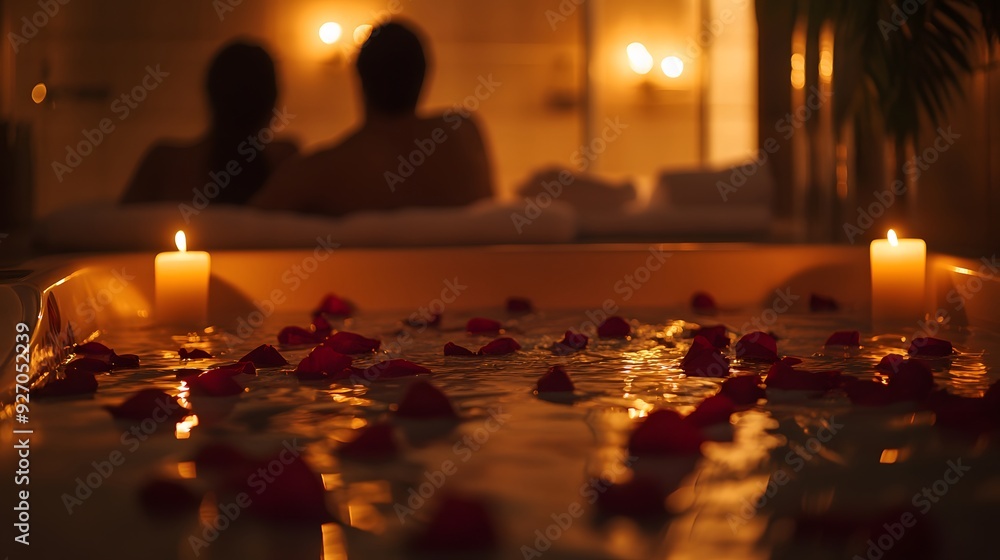 38. A cozy, candlelit bath with rose petals scattered around, and a couple relaxing together in the warm, inviting water 38. A cozy, candlelit bath with rose petals scattered around, and a couple relaxing together in the warm, inviting water