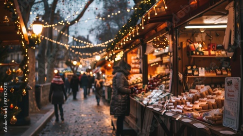 Christmas Market in France with Stalls Selling Holiday Treats and Gifts Under Twinkling Lights