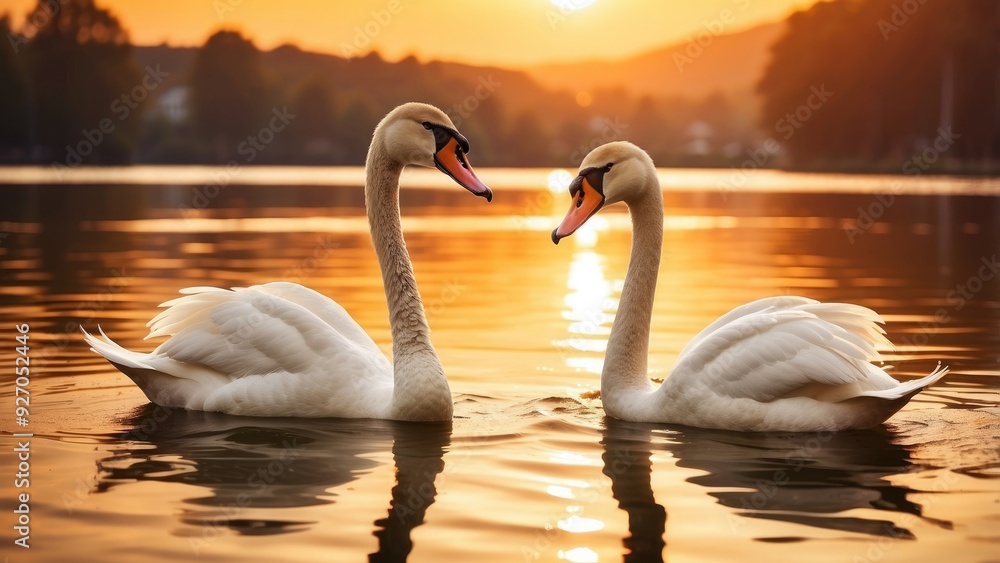 Graceful swan couple swimming together on a tranquil lake, sunset casting golden light on wate Graceful swan couple swimming together on a tranquil lake, sunset casting golden light on wate