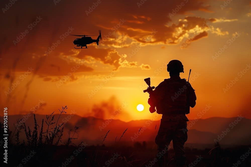 A man in a military uniform stands in a field at sunset, holding a rifle A man in a military uniform stands in a field at sunset, holding a rifle