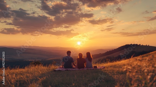 44. A couple enjoying a peaceful sunset picnic on a hilltop with a beautiful panoramic view of rolling landscapes and a golden sky