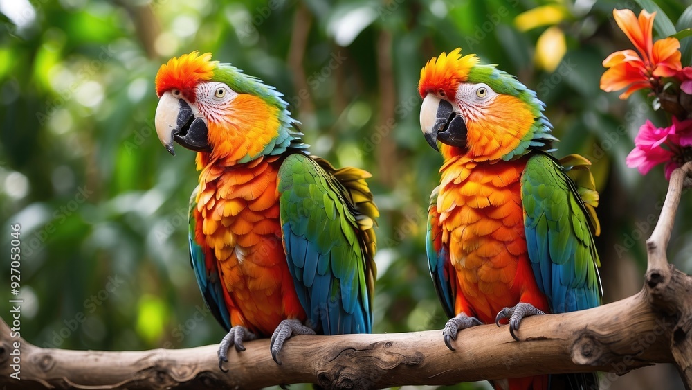 Colorful parrot perched on a branch, tropical jungle setting, vibrant feathers, curious expressio