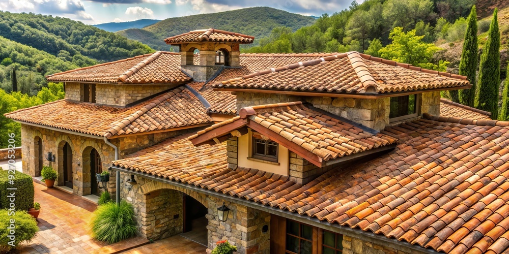 natural harmony achieved in earthy tones as curved terracotta roof tiles blend with weathered wood accents and discreet vents in a serene rustic setting natural harmony achieved in earthy tones as curved terracotta roof tiles blend with weathered wood accents and discreet vents in a serene rustic setting