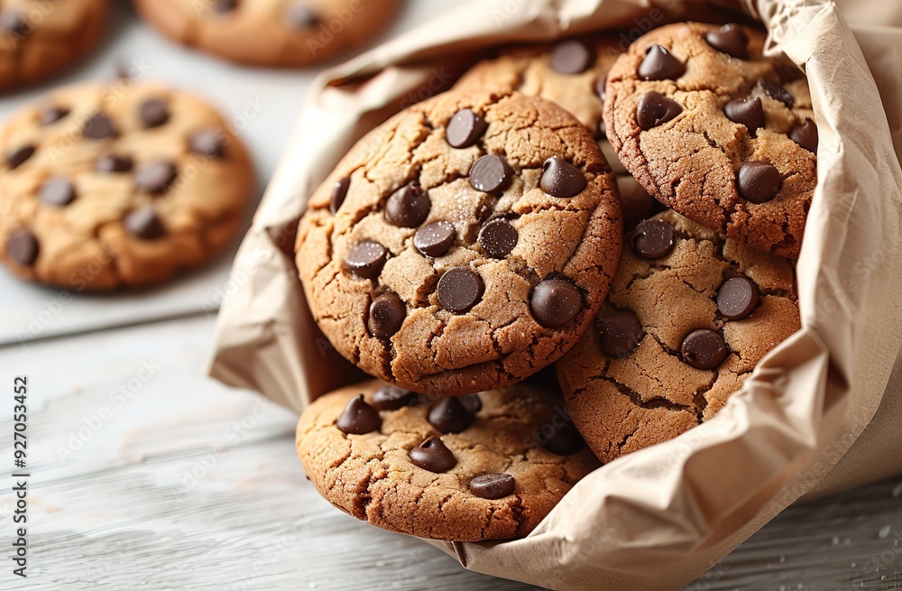 A bag of chocolate chip cookies is piled on top of each other A bag of chocolate chip cookies is piled on top of each other