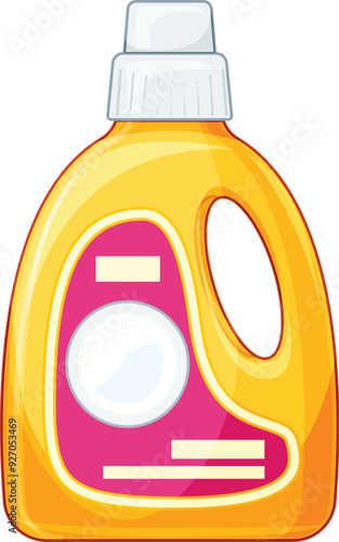 Yellow plastic detergent bottle with a white cap and a pink label standing on a white background