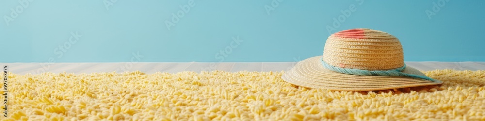 Bright Summer Vibes Colorful Beach Hat on Yellow Beach Towel Against Light Blue Background - Evoking Simple Summertime Mood Bright Summer Vibes Colorful Beach Hat on Yellow Beach Towel Against Light Blue Background - Evoking Simple Summertime Mood
