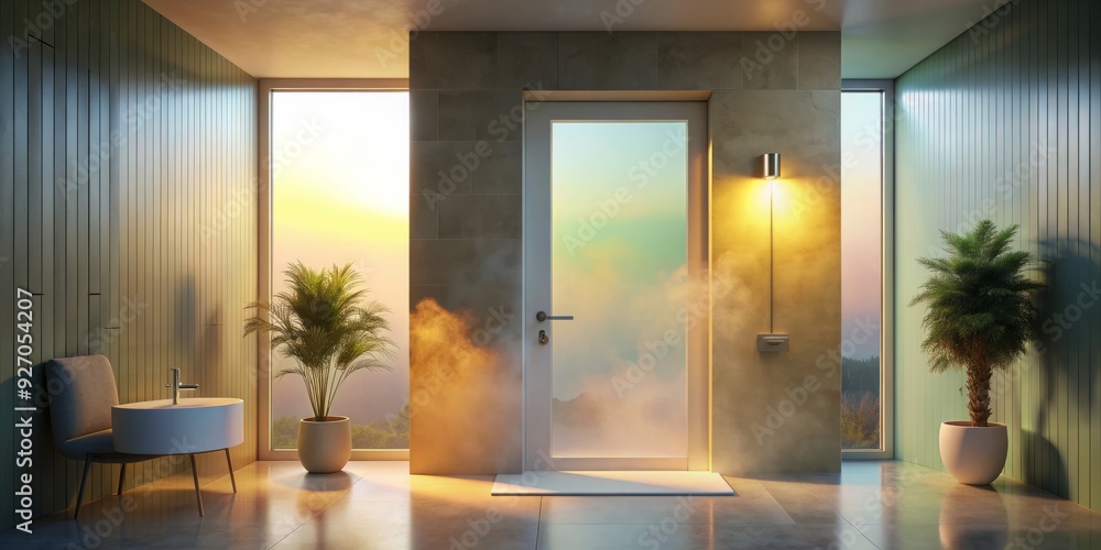 Fototapeta premium ethereal serene safe space transgender bathroom door warm soft pastel colors morning light foggy misty atmospheric moody quiet contemplative introspective calmness