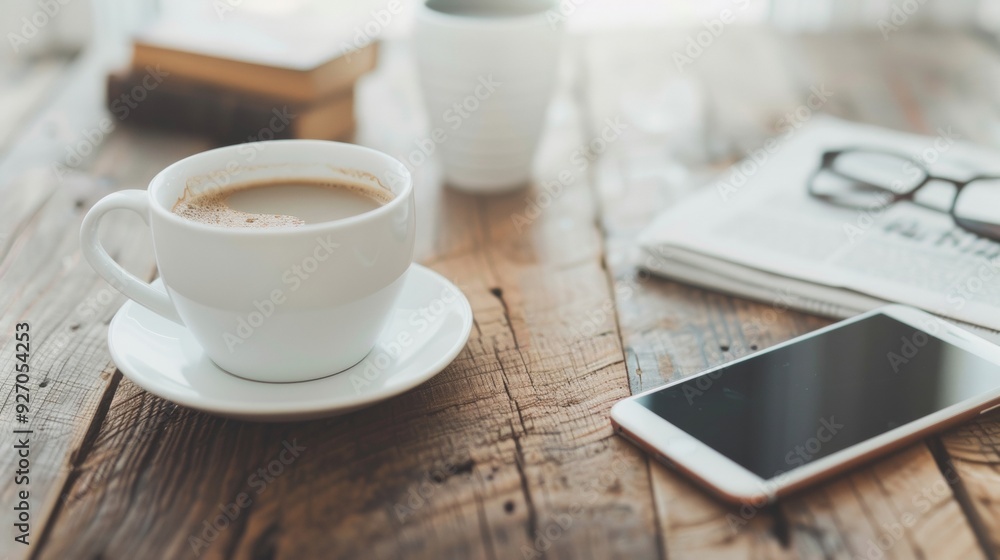 Morning Routine Modern and Traditional Elements at a Breakfast Table with Smartphone, Coffee, and Newspaper Morning Routine Modern and Traditional Elements at a Breakfast Table with Smartphone, Coffee, and Newspaper
