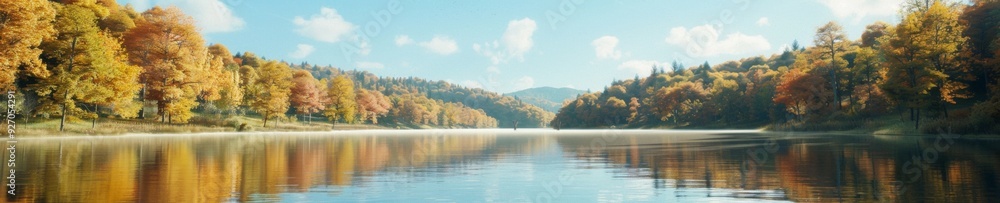Serene Morning at Tranquil Lake with Autumn Foliage and Rising Mist Reflecting Natures Peaceful Beauty Serene Morning at Tranquil Lake with Autumn Foliage and Rising Mist Reflecting Natures Peaceful Beauty