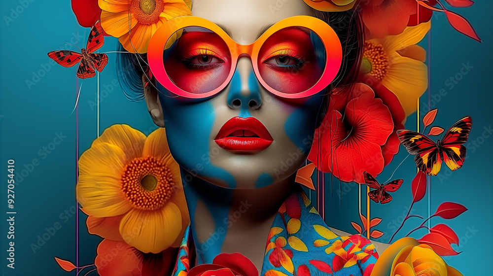 Modern collage of bright colours pop art woman artwork. Conceptual poster of young female in sunglasses Modern collage of bright colours pop art woman artwork. Conceptual poster of young female in sunglasses