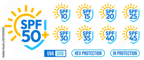 Spf Sun Protection Factor vector icon, sign, logo, badge, sticker, label, emblem, stamp, symbol, black, line, flat vector, isolated illustration.