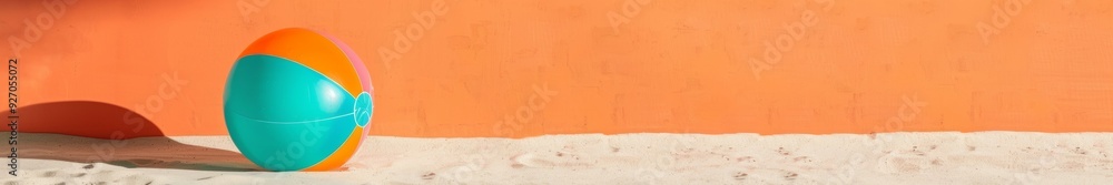 Vibrant Beach Ball on White Sand with Coral Background - Summer Minimalist Composition, Bright Midday Sun Vibrant Beach Ball on White Sand with Coral Background - Summer Minimalist Composition, Bright Midday Sun