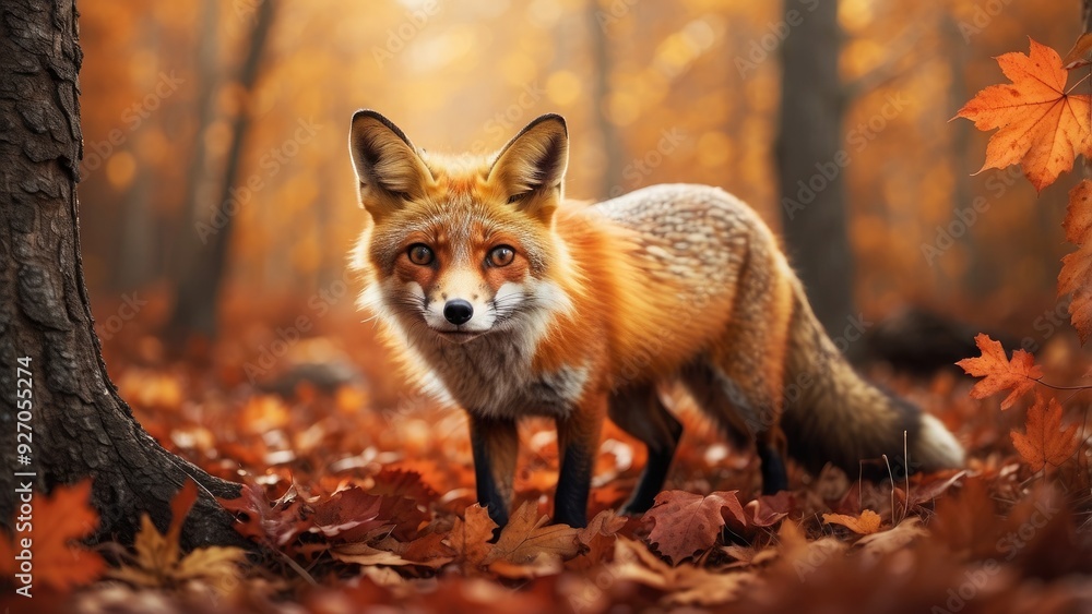 Cunning fox sneaking through an autumn forest, leaves falling, rust-colored fur blending with surrounding Cunning fox sneaking through an autumn forest, leaves falling, rust-colored fur blending with surrounding