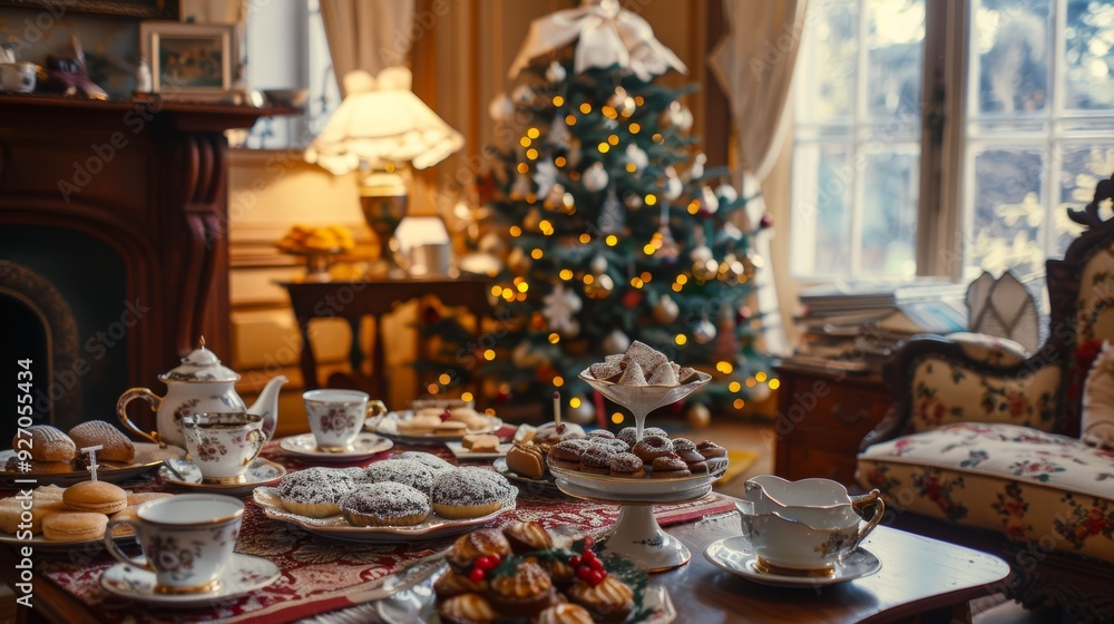 Naklejka premium Cozy Christmas Tea Party in Elegant Living Room with Holiday Decorations and Festive Pastries