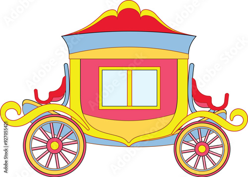 Colorful cartoon style fairytale horse carriage standing still, isolated on a white background