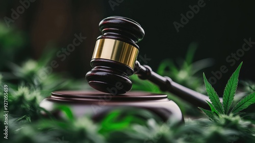 Gavel striking near a cannabis leaf, representing the ongoing legal challenges and discussions in the cannabis industry photo