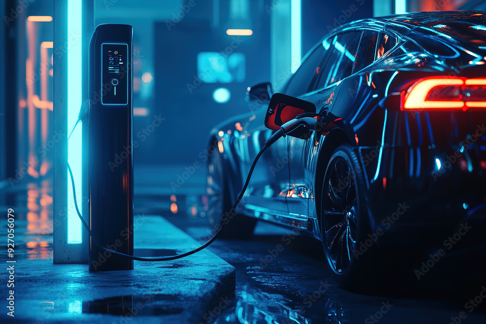 Electric Vehicle Charging Close-Up: Detailed Image of Modern Charging Station and Power Point with Blue Tones Highlighting Technology and Efficiency Electric Vehicle Charging Close-Up: Detailed Image of Modern Charging Station and Power Point with Blue Tones Highlighting Technology and Efficiency