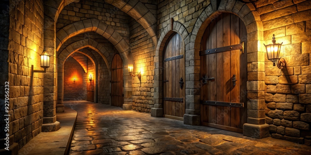 Fototapeta premium medieval mysterious dimly lit stone castle hallway three wooden doors one door slightly ajar torches flickering revealing ancient secrets