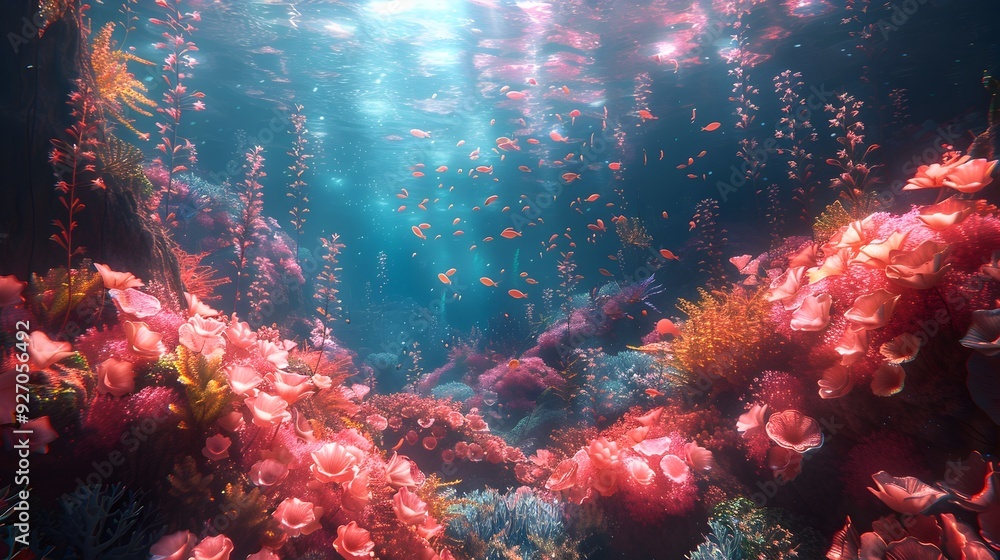 Fototapeta premium Ethereal Underwater Seascape with Graceful Marine Creatures and Coral Reefs