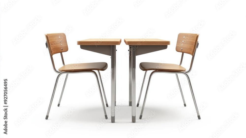 Isolated school desk and chairs on a white background, showcasing simple and functional classroom furniture for students Isolated school desk and chairs on a white background, showcasing simple and functional classroom furniture for students